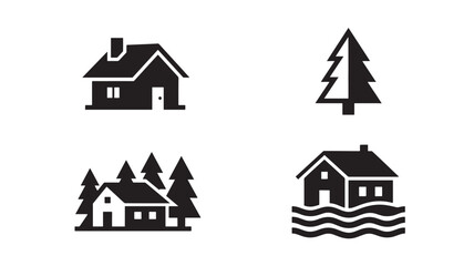 House home pine trees and water waves icons grid in bold black silhouette style for landscape and nature themes © RASHIDAPARVIN