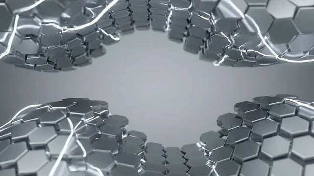 Abstract futuristic metallic hexagonal grid with glowing energy lines