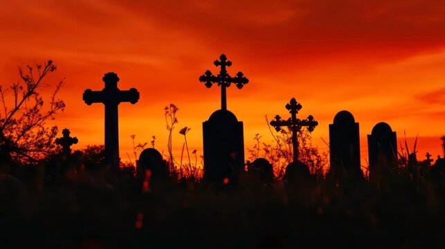 Silhouettes of tombstones and crosses in a cemetery against a dramatic orange sunset sky.