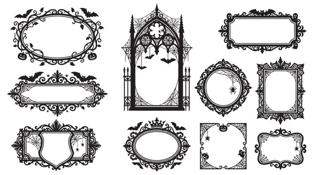 Frames Halloween set with intricate black designs and spooky elements featuring jack-o'-lantern, gothic art, gothic architecture with decorative