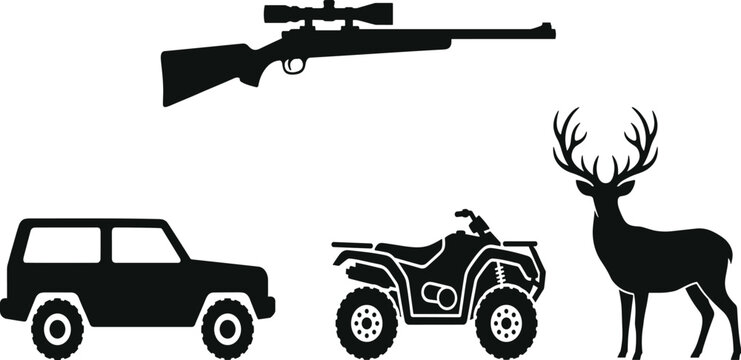 Hunting adventure vector silhouette set featuring sniper rifle scope offroad suv vehicle all terrain quad bike atv and majestic deer buck,