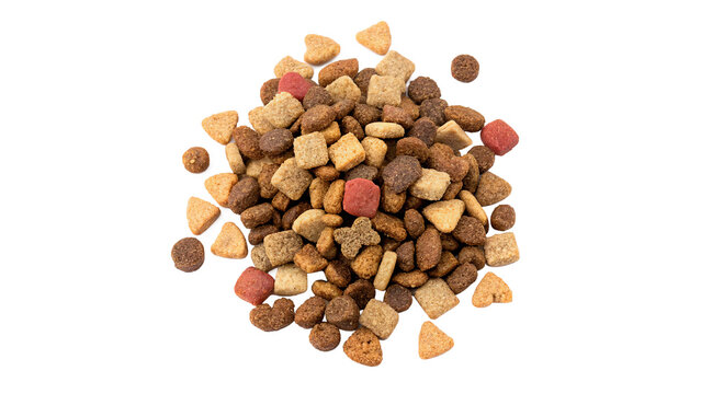 A small loose pile heap of assorted organic mixed dry pet dog cat food kibble crunchy