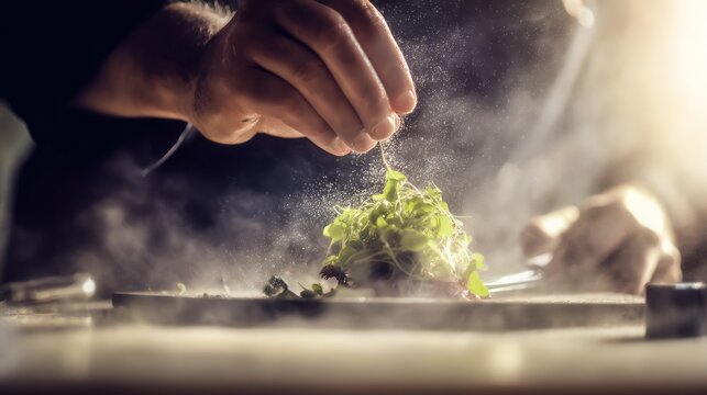 Chef sprinkling herbs on food with dramatic lighting and steam