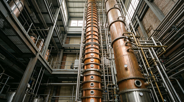 Tall continuous column still with copper plates running through multiple stories of a grain spirit distillery photographed under even industrial still-house lighting