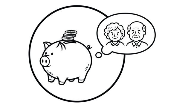 Piggy bank with coins thinking about retirement and elderly couple