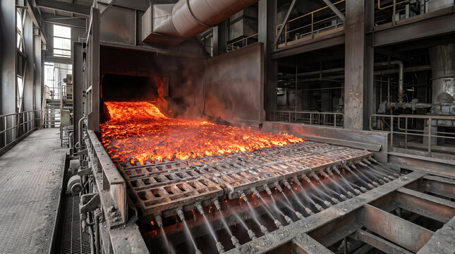 Glowing red-hot clinker spread across a reciprocating grate cooler bed with cooling-air nozzles below in a busy cement production line under industrial hall lighting