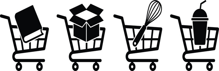 Shopping cart vector icon set featuring supermarket trolley filled with textbook book open cardboard delivery box kitchen whisk and beverage, © Mdjoshel 