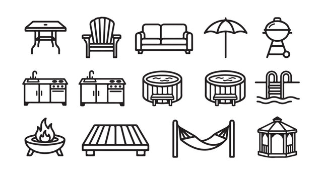 Outdoor Living and Backyard Furniture Icon Set for Home Improvement