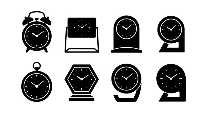 Vintage Alarm & Desk Clocks Collection, Retro Timepiece Icons, Classic Analog Watch Set