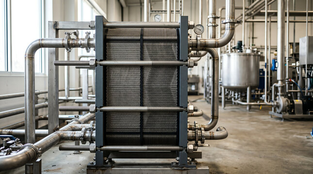 Stainless plate heat exchanger pasteurizer with gasketed plates compressed in a frame inside a beverage processing plant during a routine production run