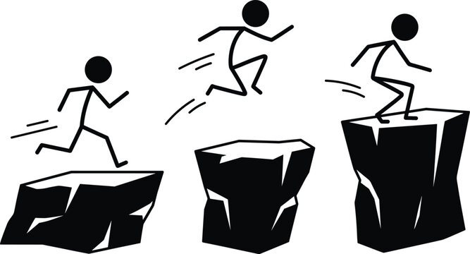 Black silhouette illustration of stick figures running, jumping, and landing across rock platforms symbolizing progress and overcoming obstacles