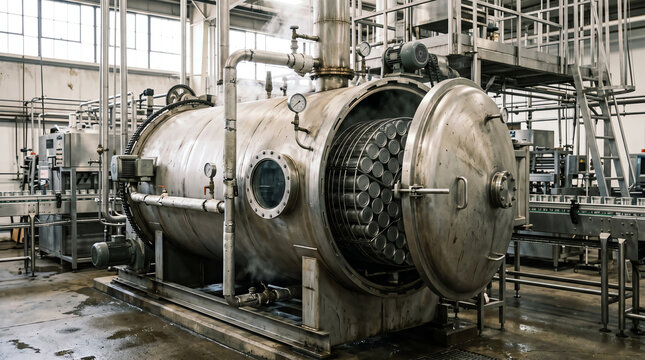 Rotary retort sterilizer rotating sealed cans through a pressurized steam cycle inside a cannery food processing plant during a thermal-process production run
