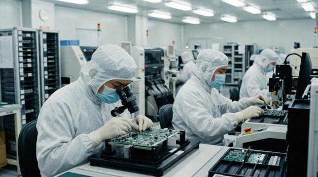 Medium shot of operators carefully placing components on PCBs in a sterile cleanroom environment showcasing precision in surfacemount technology assembly.