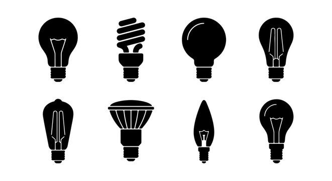 Diverse Light Bulb Icons Set, Energy Saving Lamps, Vintage Edison Bulbs, Modern LED, Vector Graphics