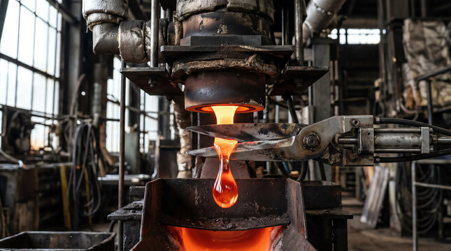 Molten glass gob being cut by feeder shears beneath the orifice ring of a container glass forehearth feeder photographed during an active forming cycle
