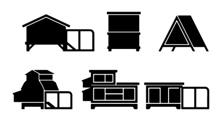 Chicken Coop Silhouettes, Farm Structures, Poultry Housing Icons, Rural Building Designs © VECTOR STORE