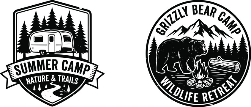 Vintage outdoor adventure emblem set featuring grunge summer camp shield with camper trailer and grizzly bear wildlife retreat round badge,
