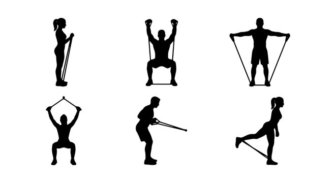 Resistance Band Workout Silhouettes: Fitness Exercise Poses, Strength Training Set, Gym Activity Icons