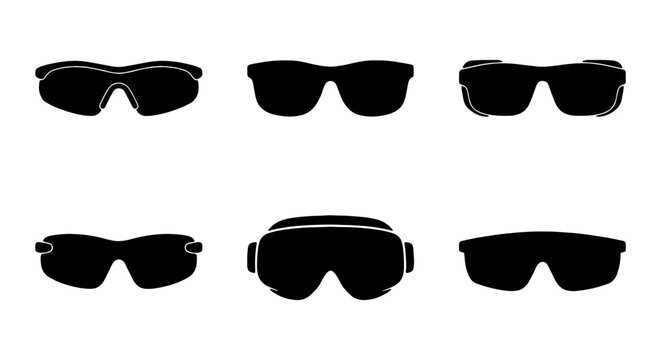 Six Black Silhouette Sunglasses and Goggles Vector Icons, Eye Protection Styles
