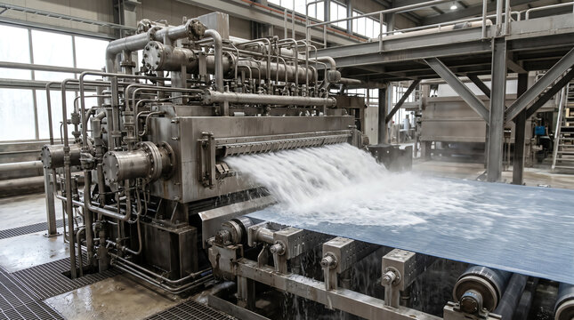 Hydraulic headbox of a paper machine jetting dilute fibre stock onto the forming fabric at the wet end of a working paper mill under bright machine-hall lighting