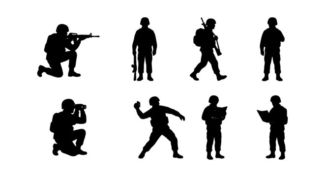 Military Soldier Silhouettes, Combat Figures, Armed Forces Icons, Action Poses Vector Set