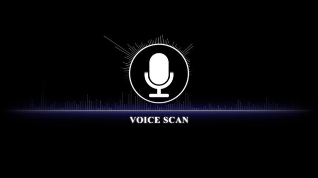 Voice scan audio waveform animation: digital microphone with pulsing sound frequency visualization for tech ui
