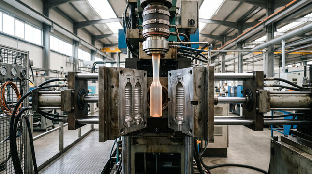 Extrusion blow moulding station forming hollow plastic bottles from a hanging parison inside a packaging plastics plant during an active production run
