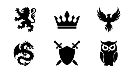 Mythical Creatures and Symbols Vector Icons: Lion, Dragon, Phoenix, Owl, Crown, Shield © VECTOR STORE