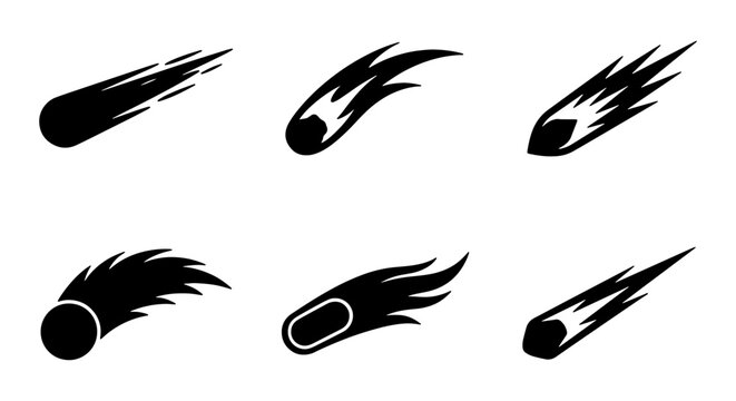 Six Black Meteor Icons, Space Comets, Falling Stars, Cosmic Objects, Celestial Bodies, Vector Graphics