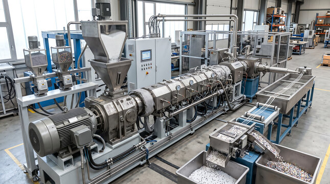 Co-rotating twin-screw compounding line blending polymer resin with additives and pelletizing it in a plastics plant during a steady compounding production run