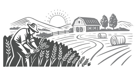 Fototapeta premium Farmer Harvests Wheat in a Rural Field With a Classic Barn and Rolled Hay Bales, Hills in Background Under Bright Morning Sun