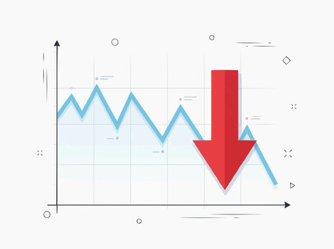 Financial chart with blue line graph and a large red arrow pointing down