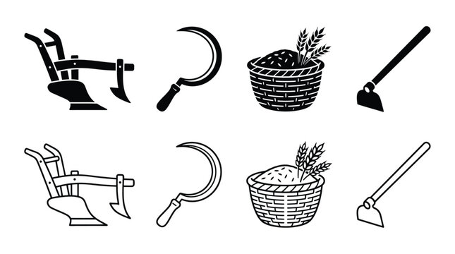 Set of farming tools icons, including plow, sickle, basket of grain, and hoe, vector illustration