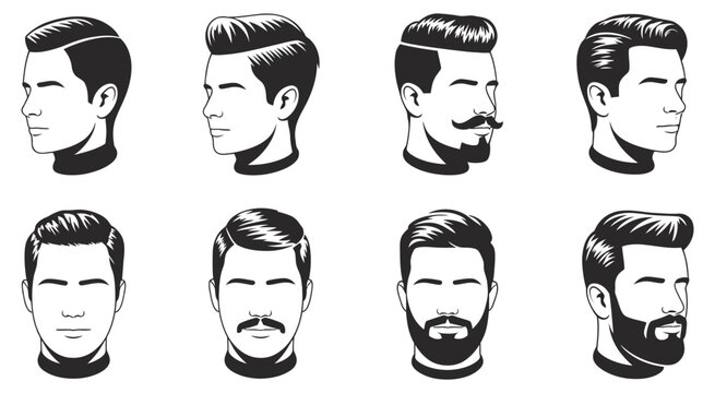 Collection of Male Head Silhouettes Featuring Different Profile Angles Various Haircuts and Beard Styles in Black Vector Illustration Set