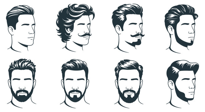 Collection of Male Head Silhouettes Featuring Different Profile Angles Various Haircuts and Beard Styles in Black Vector Illustration Set
