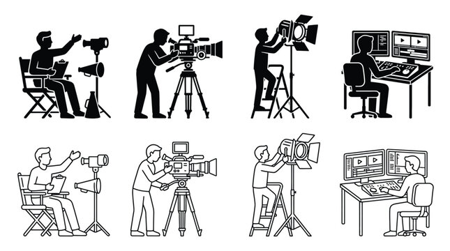 Film production crew icons set, director, cameraman, lighting technician and video editor, filmmaking process