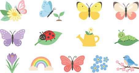 Cute Spring Nature Icon Collection with Butterflies, Flowers, Rainbow, Ladybug, Caterpillar, and Whimsical Garden Vector Elements © MstSuborna