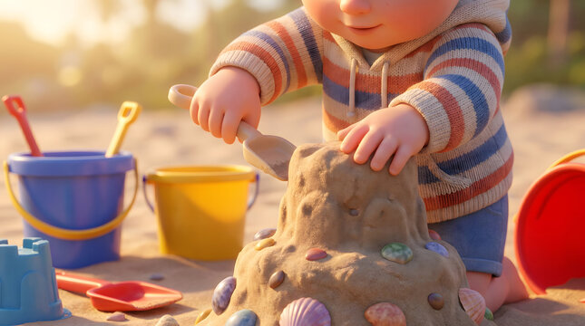 Child playing with sand and building a castle on the beach using plastic toys