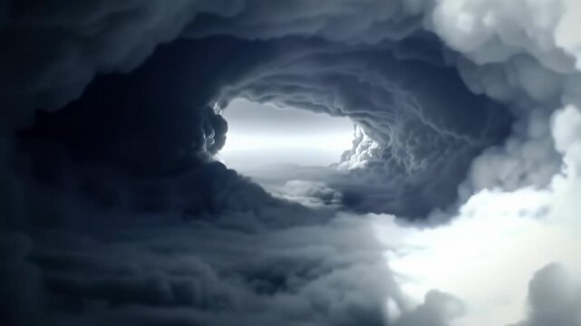Epic wide video of immense, turbulent dark grey storm clouds slowly coiling and swirling with dynamic motion. Ethereal light beams pierce through, creating striking chiaroscuro lighting. Concept of