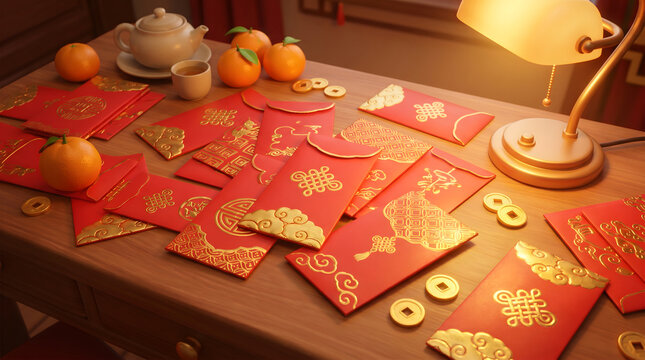 Close up of red envelopes tangerines and tea set on a wooden table