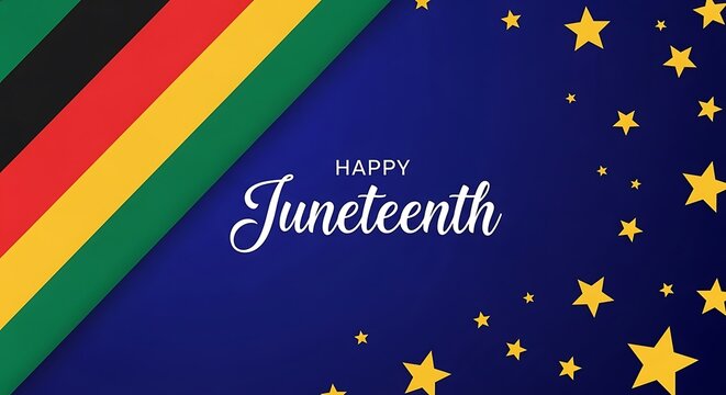 Happy juneteenth greeting card with diagonal flag colors and golden stars on a blue background
