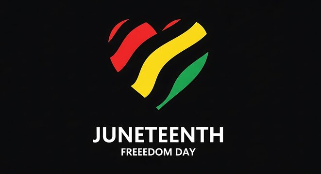 Minimalist juneteenth freedom day logo with a heart shape filled with red yellow and green lines
