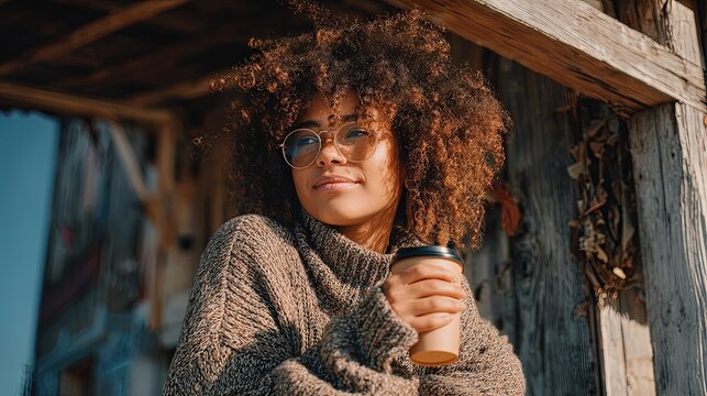 A woman enjoying a coffee outdoors on a fall day --ar 16:9 --stylize 150 --v 7 Job ID: c44bf68d-3d96-43ff-a35f-52eee0a17461