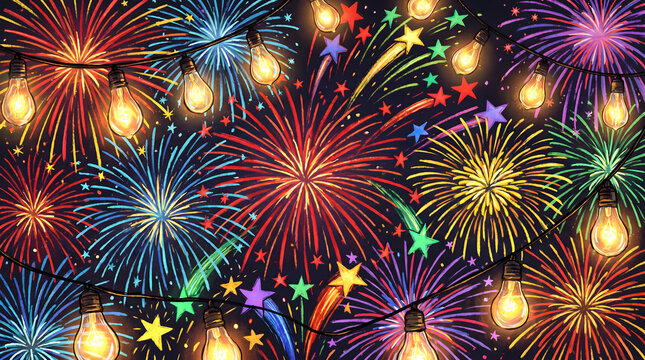 Colorful fireworks and string light bulbs decoration for festive background illustration