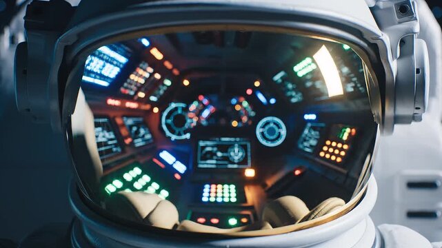 Reflective astronaut helmet visor showing illuminated spacecraft cockpit panels, symbolizing space exploration, technology, and futuristic human perspective.