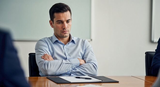 Man with arms crossed sits at conference table, disinterested person at meeting, showing clear lack of engagement during business discussion. Professional displays boredom.