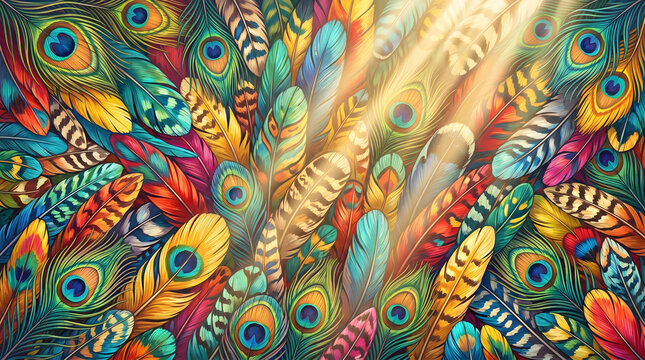 Vibrant and colorful peacock feathers art background texture pattern design