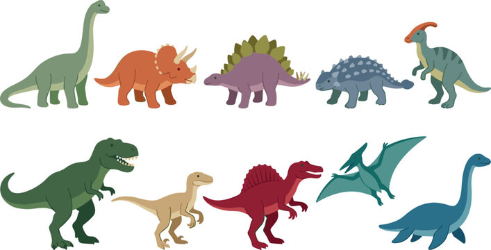 Dinosaur Collection with Prehistoric Creatures, Jurassic Reptiles, Flying Pterosaurs, and Educational Ancient Animal Vector Illustration Set