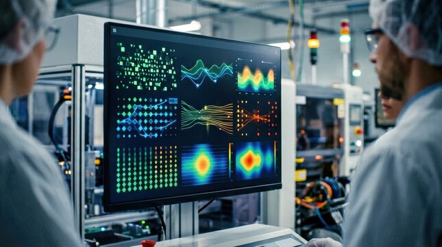 Medium shot showcasing a dynamic dashboard interface using predictive analytics to monitor resistor line efficiency and prevent quality defects proactively.