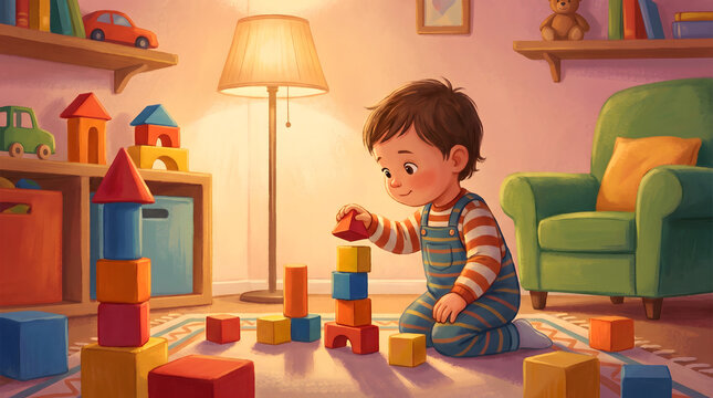 Toddler boy playing with colorful building blocks on the floor in a cozy room